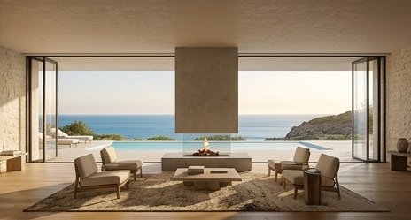 Open living room with floor-to-ceiling glass looking out over the pool and sea