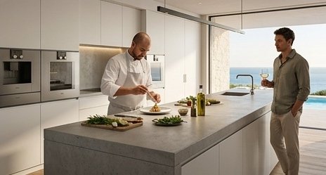 A private chef plating dinner at the kitchen island while a guest looks on