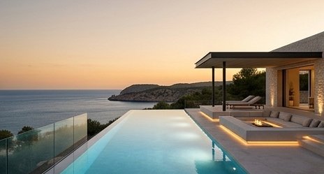 Infinity pool and lit lounge deck at dusk above the sea