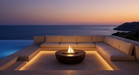 Sunken terrace seating around a firepit at sunset